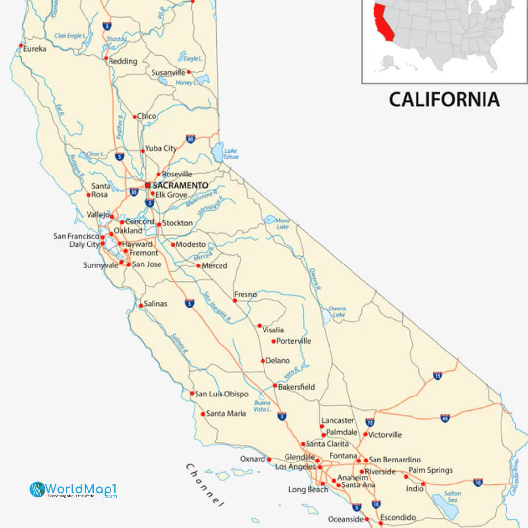Carte des routes et des rivières de la Californie
